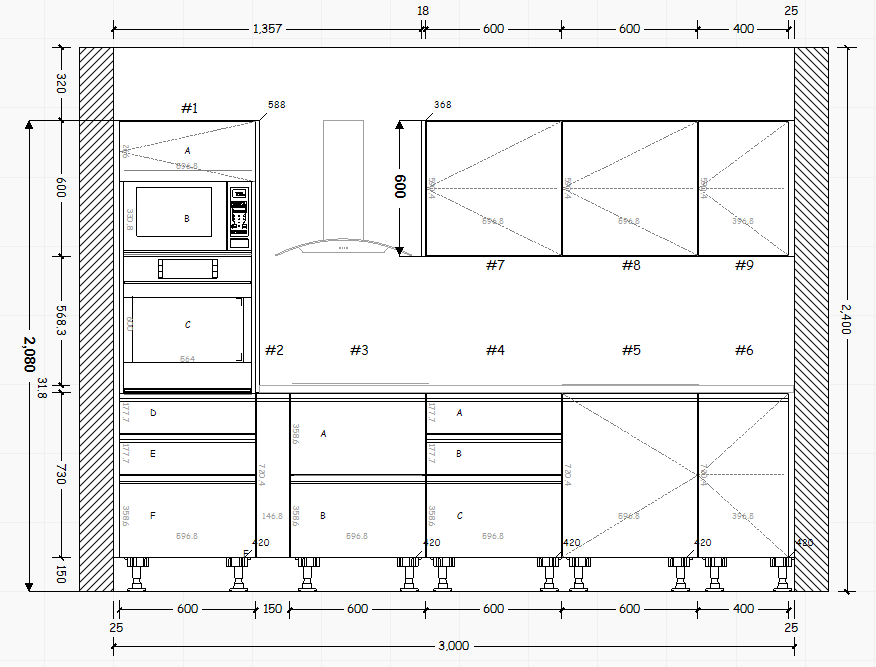 Cocina Lineal: 3m de largo Diseño 1