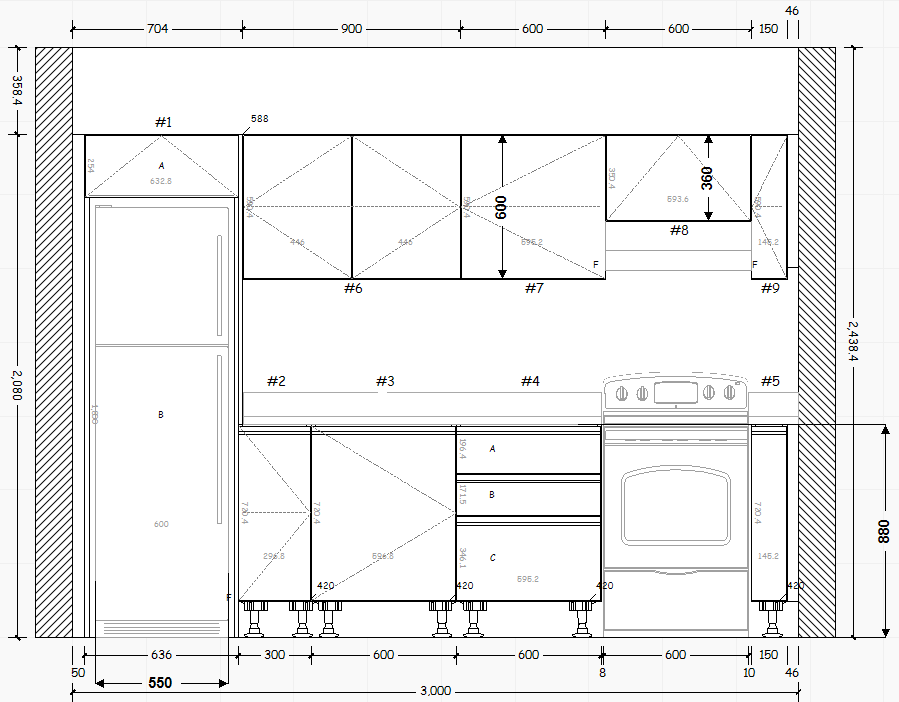 Cocina Lineal: 3m de largo Diseño 2